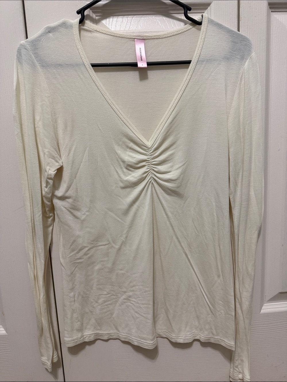 Light Cream V-Neck Long Sleeve Top with Front Ruched Detail